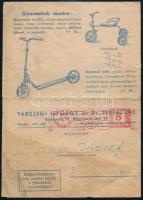 1948 Várszegi György és Dr. Ferenczné, Bp., Nagymező u., illusztrált kerékpár alkatrész és gumi, gyermek roller és tricikli árjegyzék, postázva, 4 sztl. oldal, sérült, foltos, hajtásnyommal