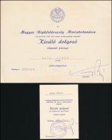 1959 Kossa István (1904-1965) közlekedési és postaügyi miniszter (1957-1963) 2 db autográf aláírása kitüntetés adományozó okirat és viselésre feljogosító iraton