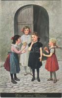 Die arme Waise / Children art postcard, orphan girls