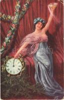 1923 Herzliche Neujahrsgrüße! / New Year greeting art postcard with lady. K.Ph.W.II. 1027. s: Tito (EB)