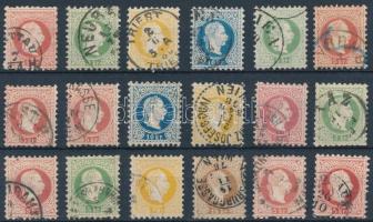 Ausztria 1867 18 db vízjeles bélyeg színárnyalatokkal, közte szép / olvasható bélyegzések