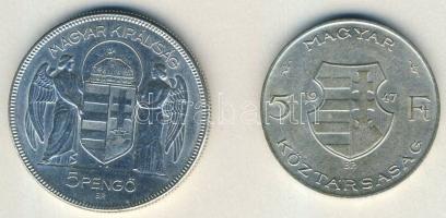 1930. 5P Ag "Horthy jobbra" T:2 kis k. + 1947. 5Ft Ag "Kossuth" T:3