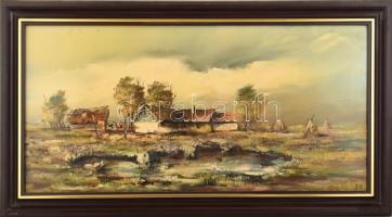 Lukács János (1952- ): Tanya. Olaj, farost, jelzett, fa keretben, hátoldalán Életkép Kft. címkéjén f...