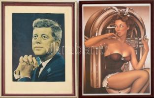 JFK Kennedy nyomat üvegezett keretben, hozzá Pin Up print üvegezett keretben-. 40x32 cm