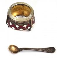 2 orosz kaviár tartó edényke, kanállal. Zománcozott fém, üveg betéttel d: 4 cm