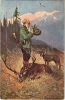 Hunter art postcard with hunting dog and stag. artist signed