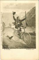 1899 Waldmanns Heil! / hunter on a bicycle, Dachshund dog, rifle. Fr. A. Ackermann Kunstverlag Künstlerpostkarte No. 409. s: Th. Kleehaas (EK)