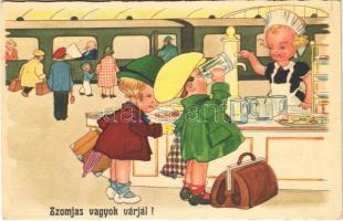 Szomjas vagyok várjál! / Children art postcard, romantic couple at the railway station, drinking beer. Amag 0434.