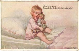 Mütterlein, sprich... / Children art postcard, girl with doll. Wohlgemuth & Lissner Liebhaber-Sammelmappe No. 1108. Puppenmütterchen s: W. Fialkowska (EK)