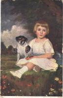 1916 Mein Liebling / Pistike / Children art postcard, girl with dog. Rotophot Nr. 706. s: Karacsay (kopott sarkak / worn corners)