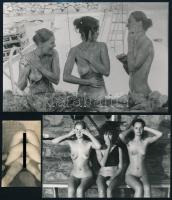 Háromszor három grácia, különböző időpontokban és eltérő helyszíneken készült erotikus felvételek, 3 db vintage fotó, 12x18 cm és 7,1x4,5 cm között