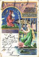 1899 Gruss aus Fürth. Nixe und Zwerg / fairy tale, mermaid and dwarf. Art Nouveau, litho (EB)