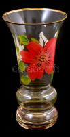Virágos váza. Formába öntött üveg, csiszolt, kézzel festett. Hibátlan. 25,5 cm