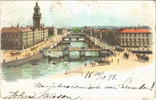 1898 Göteborg, Norra och Södra Hamngatorna / general view, bridge, horse-drawn tram. Art Nouveau, litho (holes)