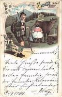 1899 Gruss aus... / Austrian folklore greeting card, humor. Kunstanstalt Karl Schwidernoch No. 2504. Art Nouveau, floral, litho (fa)