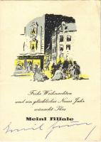1954 Frohe Weihnachten und eines glückliches Neues jahr wünscht Ihre Meinl Filiale / Julius Meinls advertisement, Christmas and New Year greeting + CHRISTKINDL (EK)