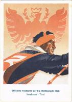 1936 Offizielle Festkarte der Fis-Wettkämpfe 1936 Innsbruck, Tirol / FIS Alpine World Ski Championships 1936, winter sport s: Berann + So. Stpl
