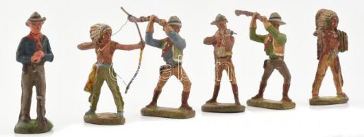 cca 1910-1930 Elastolin indián és cowboy játékfigurák, 6db, kézzel festettek, kopásokkal, sérülésekkel, m: 8 cm