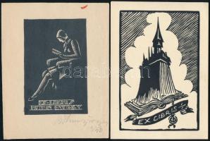 2 db ex libris: Ex libris Böhm György, 1930. Klisé, papír. Olvashatatlan jelzéssel (Böhm György?), 13×8,5 cm + Ex libris. Klisé, papír. Jelzés nélkül. 16×11 cm