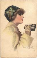 1914 "There he goes" Lady art postcard, lady with binoculars, The Knapp Co. Paul Heckscher Imp. No. 1025-1. s: Frank H. Desch (fa)