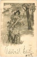 1899 Corso / Art Nouveau lady riding a bicycle. Fr. A. Ackermann Kunstverlag Künstlerpostkarte No. 386. Floral s: F. Kruis (fa)