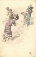 1901 Lady art postcard, ladies in a snowball fight, winter (EK)