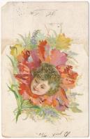 1900 Greeting mini-card with child flower (10,4 cm x 7 cm) (EM)