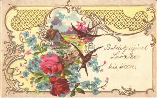 1904 Art Nouveau, floral, Emb. litho greeting card (EB)