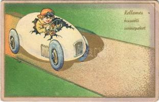 Kellemes húsvéti ünnepeket / Easter greeting art postcard with egg-shaped car. Cecami N. 098. (kopott sarkak / worn corners)