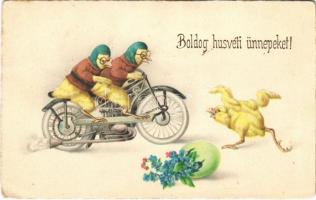 1926 Boldog húsvéti ünnepeket / Easter greeting art postcard with chicken driving a motorbike, motorcylce. SB Special 6390. (fa)