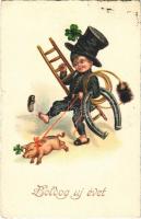 Boldog Újévet! / New Year greeting art postcard, chimney sweeper with pig, horseshoe and clovers. EAS 1194. (kis szakadás / small tear)