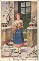 1917 Boldog Újévet! / New Year greeting art postcard, lady with pig (EB)