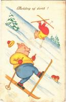 1940 Boldog Újévet! / New Year greeting art postcard with skiing pigs, winter sport, humour (EK)