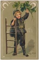 1907 Boldog Újévet! / New Year greeting art postcard with chimney sweeper, horseshoes and clovers. EAS Emb. litho