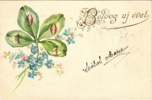 1901 Boldog Újévet! / New Year greeting art postcard with clover. Floral, Emb. litho