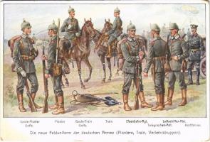 Die neue Felduniform der deutschen Armee (Pioniere, Train, Verkehrstruppen) Landsknecht Nr. 504. / WWI German military art postcard, new uniforms of the German Army (kopott sarok / worn corner)
