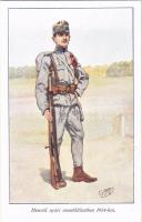 Honvéd nyári menetöltözetben 1914-ben. Honvédség története 1868-1918 / Austro-Hungarian K.u.K. military art postcard s: Garay