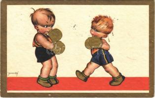1934 Boys boxing. Italian children art postcard. Degami 2203.