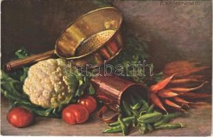 Still life art postcard with vegetables from the garden. Wohlgemuth & Lissner Vom Küchentisch No. 848. s: Fritz Hildebrandt