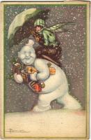 1923 Italian lady art postcard, lady with snowman, Christmas gifts. Anna & Gasparini 501-1. s: Busi (EK)