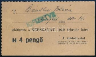 1930 Népszava február havi előfizetés, 4 pengőről szóló nyugta