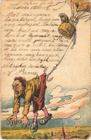 1900 Hőlégballon baleset, humor / Hot air balloon accident, humour, litho (EK)