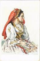 Czech folklore art postcard, lady in traditional costume. artist signed (EK)