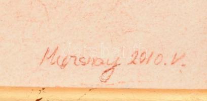 Muzsnay Ákos (1945-): Zivatar, 2010. Vöröskréta, fa. Jelzett. Hátoldalán autográf felirattal. Fa ker...