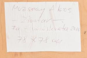 Muzsnay Ákos (1945-): Zivatar, 2010. Vöröskréta, fa. Jelzett. Hátoldalán autográf felirattal. Fa ker...