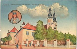 Podolin, Podolínec (Szepes, Zips); Piarista kolostor és templom, Rákóczi torony és portré. Szankovszky felvétele és kiadása / monastery and church, tower, portrait of Francis II Rákóczi