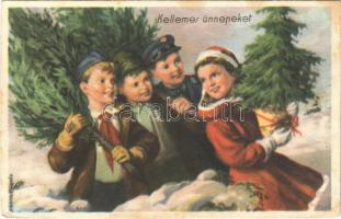 1951 Kellemes Ünnepeket! Magyar szocialista (szocreál) üdvözlőlap. Művészeti Alkotások kiadása / Hungarian Socialist Christmas greeting art postcard (EB)