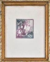 Egresi Zsuzsa (1954-): Portré festő. Színes rézkarc, papír, 6,5×6 cm Üvegezett keretben