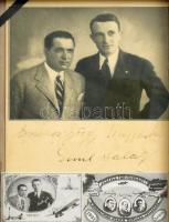 1931 Justice for Hungary óceánrepülőket ábrázoló képeslap a két pilóta: Endresz György és Magyar Sándor, valamint a repülőgépet és az utat finanszírozó Szalay Emil autográf aláírásával, üvegezett képkeretben. 16x12 cm