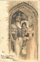 1899 Romantic couple, lady art postcard. M. Kimmelstiel & Co. litho (EB)